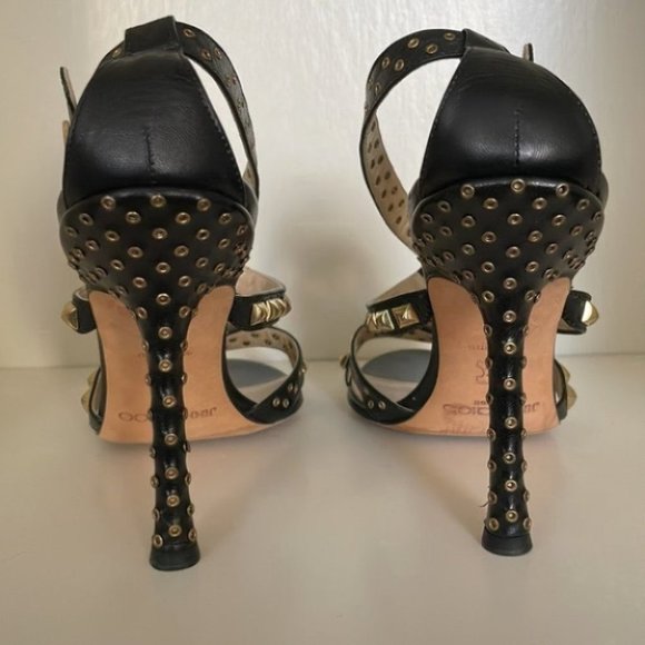 Jimmy Choo Inga Grommet Studded Leather High Heel Sandals in Black Gold - Picture 8 of 16